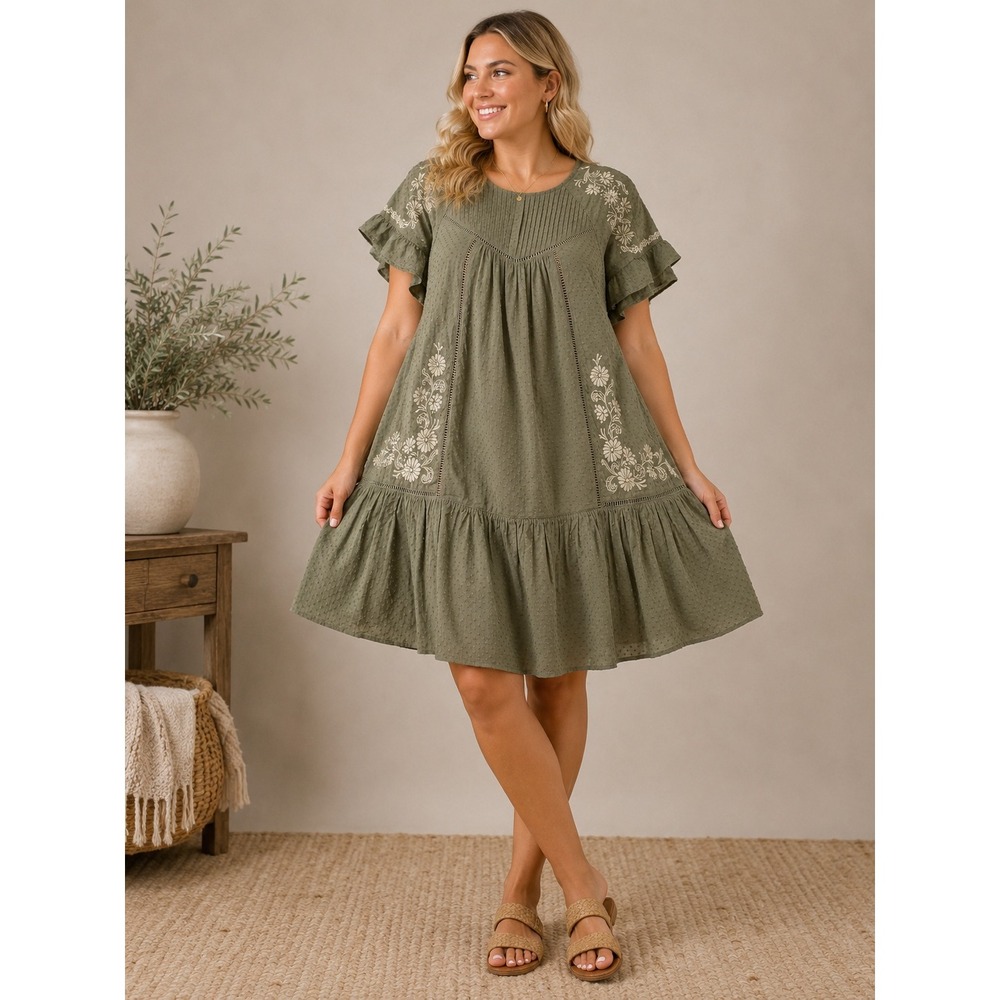Torrid Festi Embroidered Raglan Dress Olive Green Dobby Boho Mini Plus Size 00